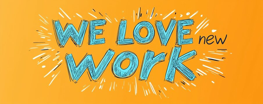 Colorful motivational poster with text 'We Love New Work' and creative design
