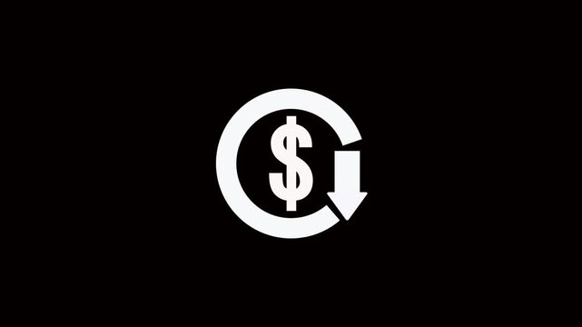 Glowing neon line Dollar rate decrease icon isolated on black background. Cost reduction. Money symbol with down arrow.Money symbol with arrow and neon file document icon.