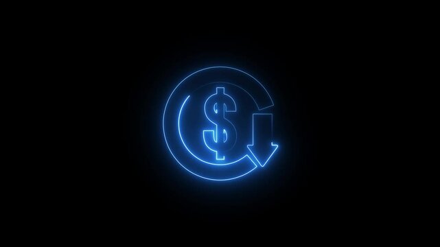 Glowing neon line Dollar rate decrease icon isolated on black background. Cost reduction. Money symbol with down arrow.Money symbol with arrow and neon file document icon.