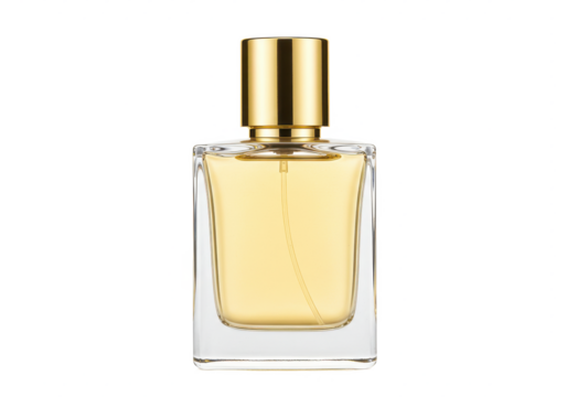 A transparent glass perfume bottle with golden liquid and a metallic gold cap, isolated on a white background