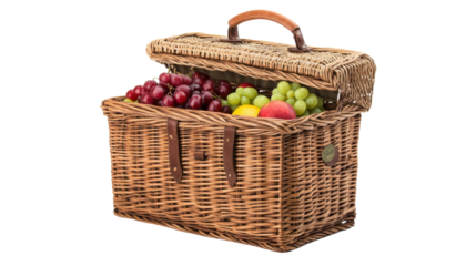 Wicker picnic basket overflowing with fresh fruits on transparent background