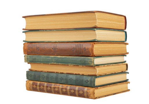 A stack of old vintage books with worn leather covers and textured spines, isolated on white background