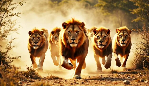 a group of lions running across the dusty ground