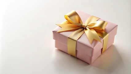 A delicately wrapped pink gift box with a golden ribbon bow sits on a white surface