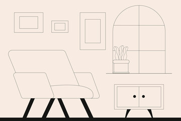 Minimalistic  Living room interior. Comfortable chair, stand, photo frame, house plant. Modern isolated vector illustration. 