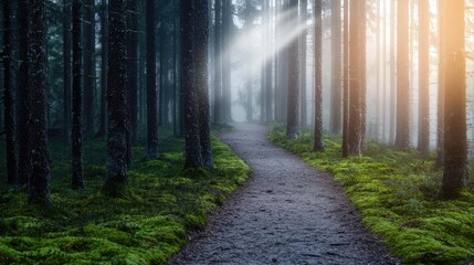 Obraz premium Morning mist nature concept. A serene forest path illuminated by soft light filtering through the trees.