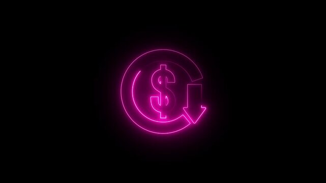 Glowing neon line Dollar rate decrease icon isolated on black background. Cost reduction. Money symbol with down arrow.Money symbol with arrow and neon file document icon.