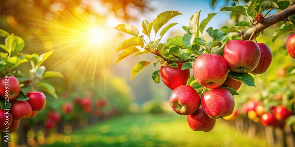 Poster sunlit orchard with ripe red apples on branch