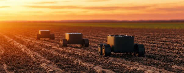 Three robotic devices traverse a field at sunset, showcasing the intersection of technology and agriculture in a serene landscape.