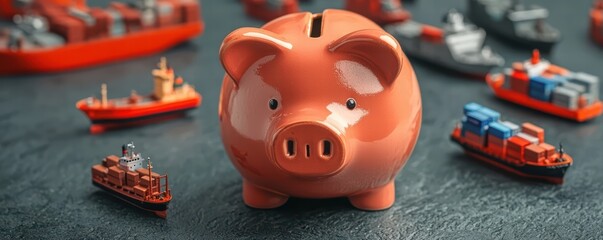 Obraz premium A vibrant piggy bank stands out among miniature ships, symbolizing savings and financial growth in a maritime context.