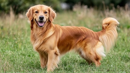 Obraz premium A golden retriever enjoys a sunny day in a lush green field, radiating happiness with its playful stance and vibrant fur, surrounded by nature