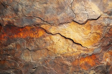 Close-up of a rugged, textured rock surface with a mix of brown, orange, and gray tones, showing natural cracks and erosion.
