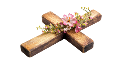 Wooden christian cross decorated with pink flowers on transparent background