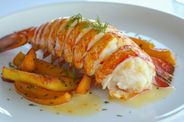 A plate of food with a lobster tail and some vegetables