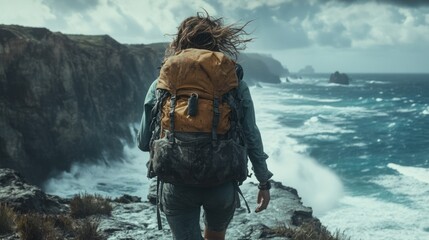 Wanderer explores rugged coastline while braving stormy skies and crashing waves at the shore. Generative AI