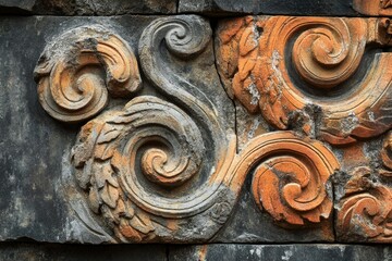 Intricate swirling stone carvings adorn ancient weathered wall, showcasing ornate detailing and aged texture.