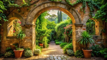 Fototapeta premium Archway Leading to Serene Courtyard in Lush Garden, rustic charm
