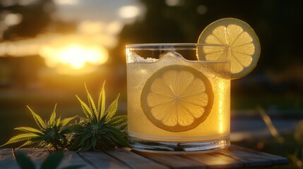 Refreshing lemon drink with cannabis leaves during sunset in a serene outdoor setting. Generative AI