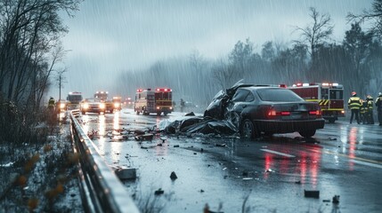 Emergency response teams assist at a serious car accident on a rainy highway in a rural area. Generative AI