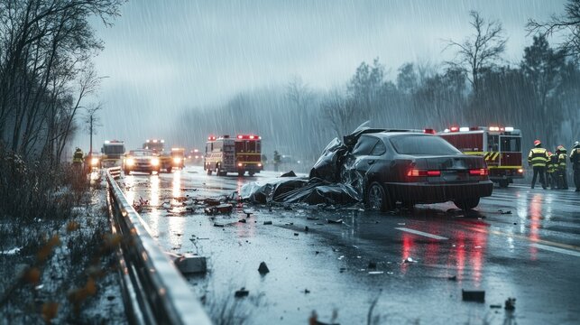 Emergency response teams assist at a serious car accident on a rainy highway in a rural area. Generative AI