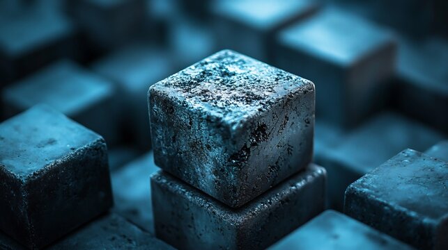 Cool Blue Cubes Stack Abstract Deeply Textured Background. AI Generated
