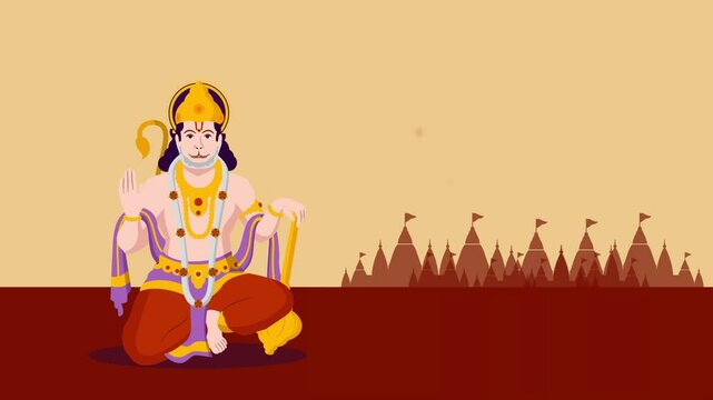 Hanuman Jayanti is celebrated on full moon day during Chaitra month. Hanuman, who is also known as Vanara God. Happy Hanuman Jayanti.Animated vector template  of Hanuman and temples.