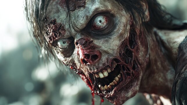 Close-up of a gruesome zombie with decayed features in a post-apocalyptic environment. Generative AI