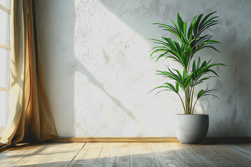 Green leafy plant in a decorative pot placed on a wooden table with natural light illuminating the scene indoors