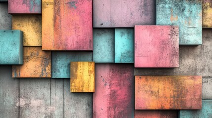 Colorful panels arranged on a textured concrete background in a soft gray hue, adding an industrial touch.