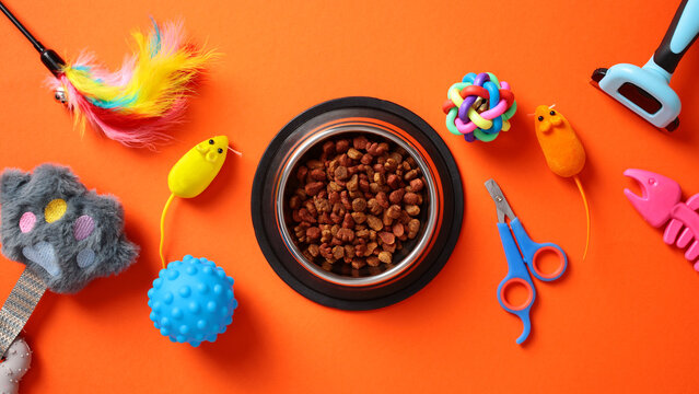 Cat accessories and food on an orange background. Includes toys, grooming tools, and a bowl of dry cat food. Perfect for pet care and supply themes