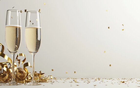 Elegant New Year celebration scene with champagne glasses, golden confetti, and a blank area for personalized messages