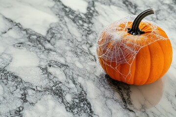 A small orange pumpkin sits on a marble surface, adorned with a delicate spiderweb.