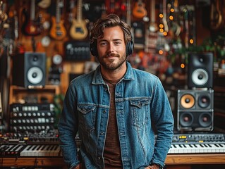 Man in studio with musical gear, recording, using headphones, smiling