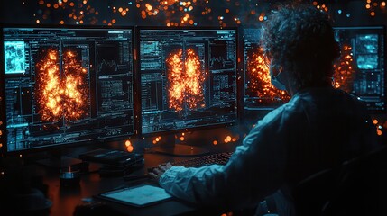 CT scan interface displayed on a monitor screen. Person analyzing data on multiple screens with glowing graphics in a dark room.