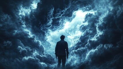 Obraz premium Person stands in dramatic cloud formations, contemplating the expansive sky in a surreal landscape. Generative AI