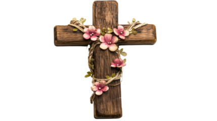 Wooden cross decorated with pink flowers and twine on transparent background