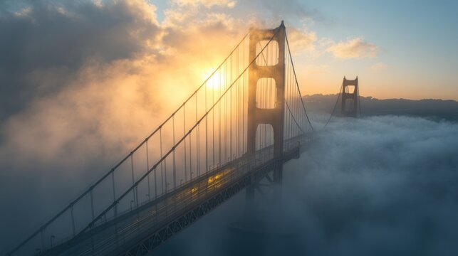 Golden Gate Bridge emerges from fog at sunrise above San Francisco Bay. Generative AI