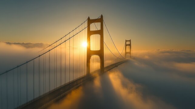 Golden sunlight illuminates Golden Gate Bridge above fog in early morning hours. Generative AI