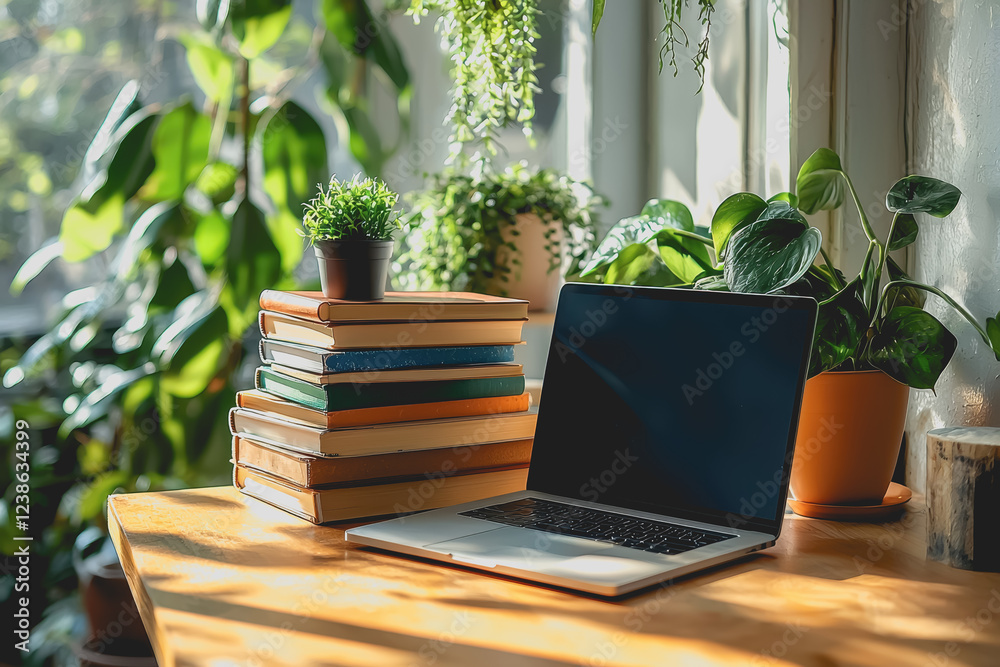 Wall mural Laptop computer placed on a wooden desk with various office supplies and a cup of coffee nearby creating a productive workspace setting