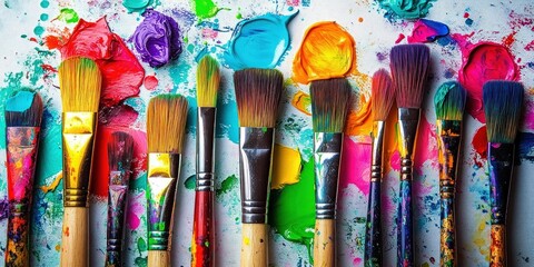 Fototapeta premium Colorful Vibrant Paintbrushes and Paint Splashes on White Background