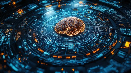 CT scan interface displayed on a monitor screen. Futuristic network design with a glowing brain centerpiece.