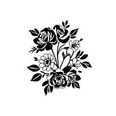 Black and White Floral Bouquet: Elegant Roses and Flowers Silhouette. Classic Botanical Illustration, Perfect for Vintage Design, Romantic Decor, and Nature-Inspired Graphics.