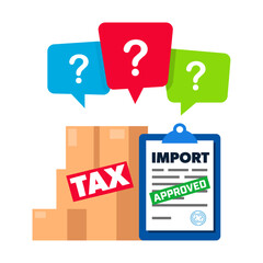 Import Tariff Question - vector illustration. Boxes, document and question mark.