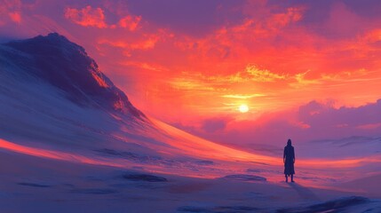 Obraz premium Romantic sunset along a coastal landscape with a solitary figure standing at the shore. Generative AI