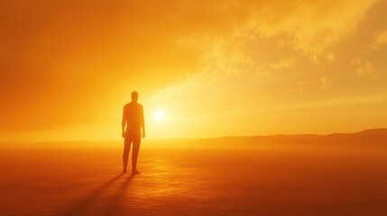 Silhouette of a man standing against a vivid sunset on a serene landscape. Generative AI