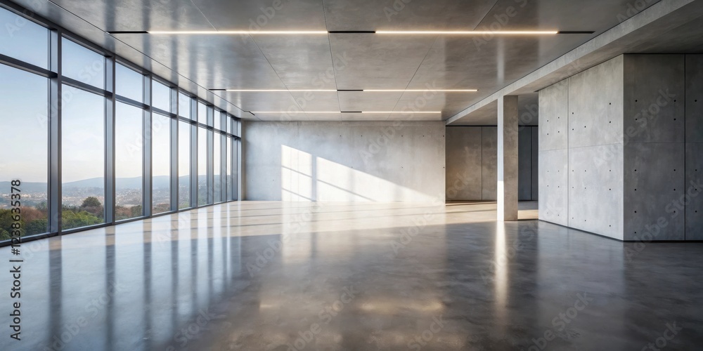 Aufkleber modern minimalist open-plan office space with expansive windows and polished concrete floors