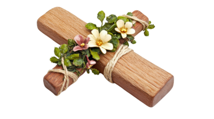 Wooden christian cross decorated with flowers and string on transparent background