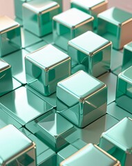 Obraz premium Mint green metallic cubes with polished mirror like reflections and soft gradients abstract background