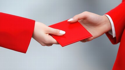 Obraz premium Red Envelope Exchange Between Two Hands in Stylish Red Attire