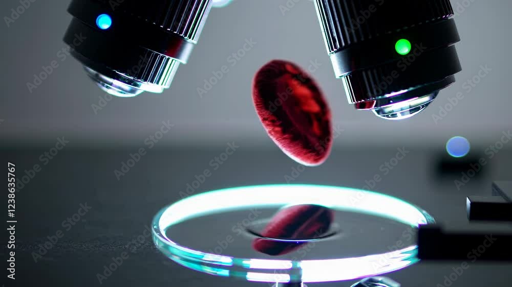 Poster exploring microscopic views of red blood cells under advanced laboratory equipment